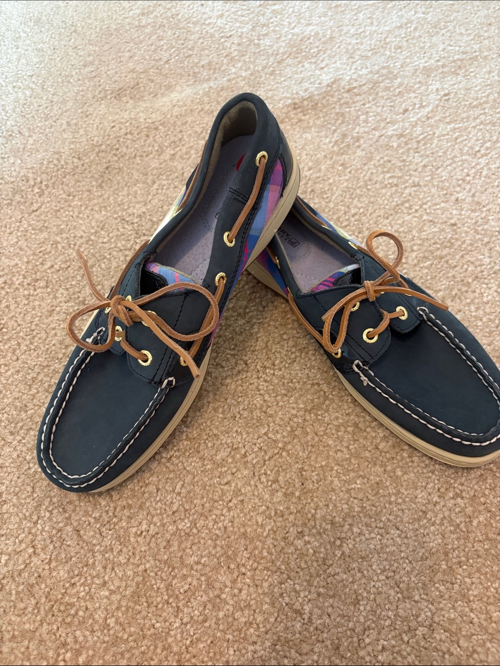 Sperry Navy Leather Boat Shoes with Tan Laces